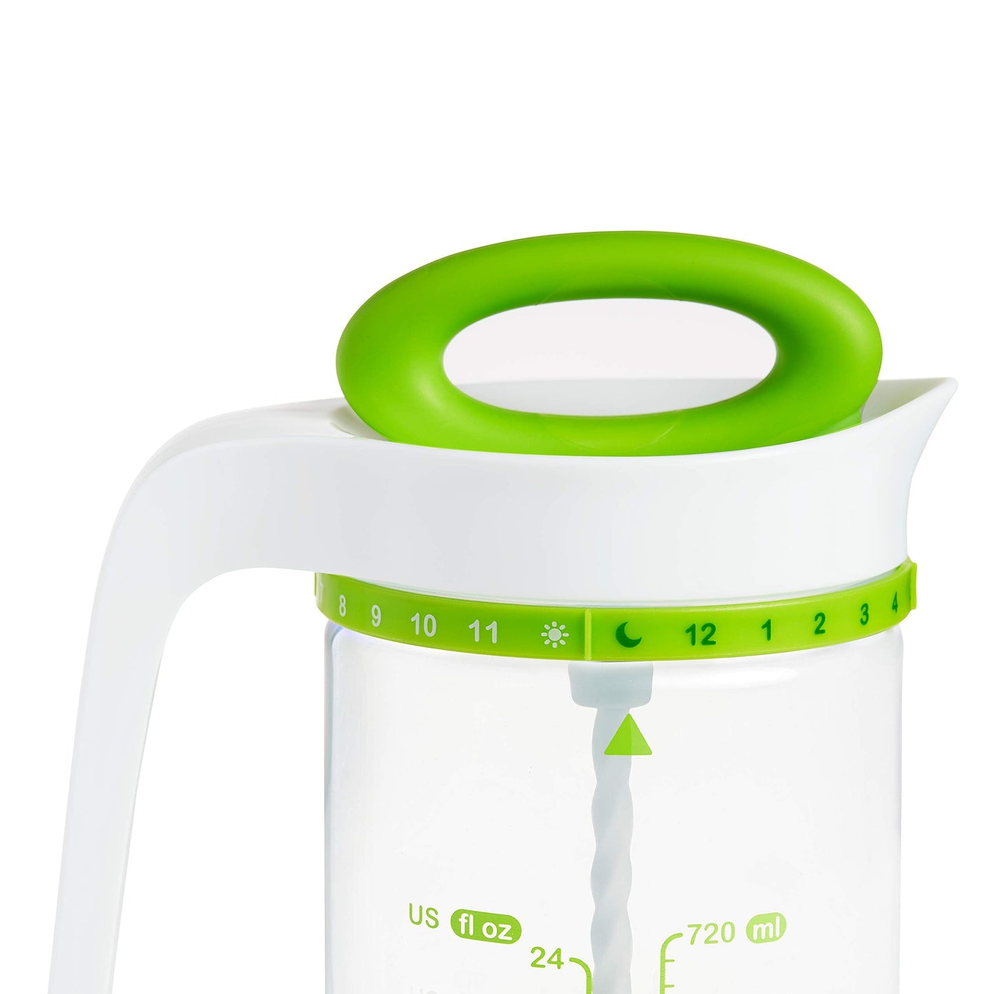 Munchkin formula mixing and storage pitcher for colic reduction placed next to infant feeding bottles.