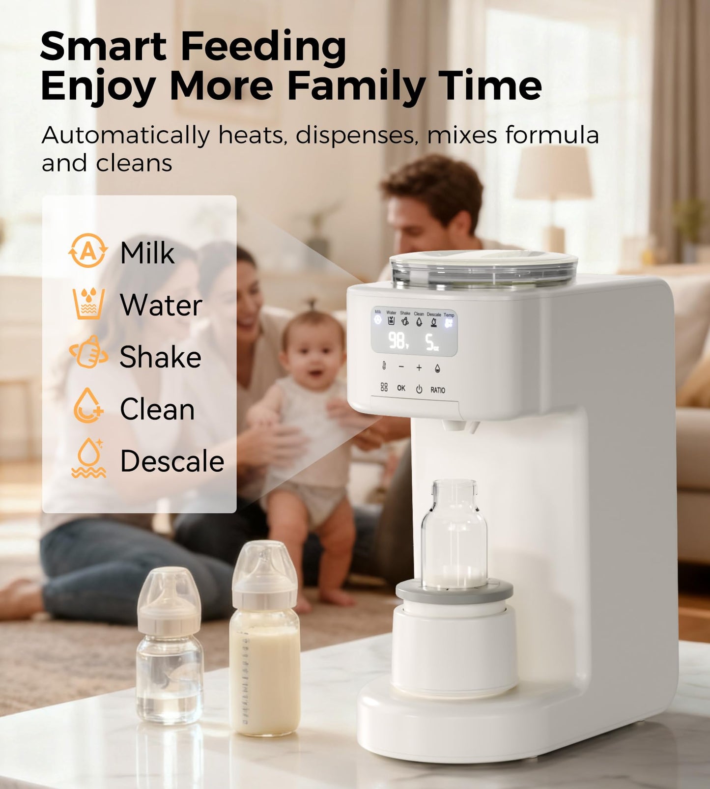 Axababy instant warm water dispenser control panel showing temperature and ounce settings.