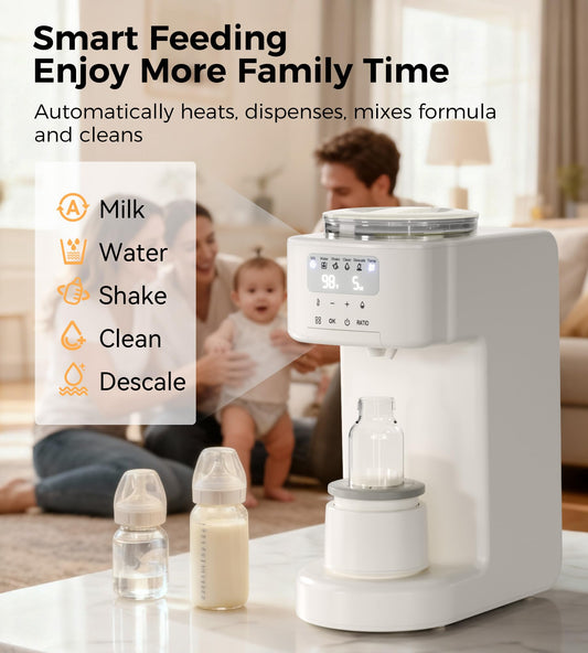 Axababy instant warm water dispenser control panel showing temperature and ounce settings.