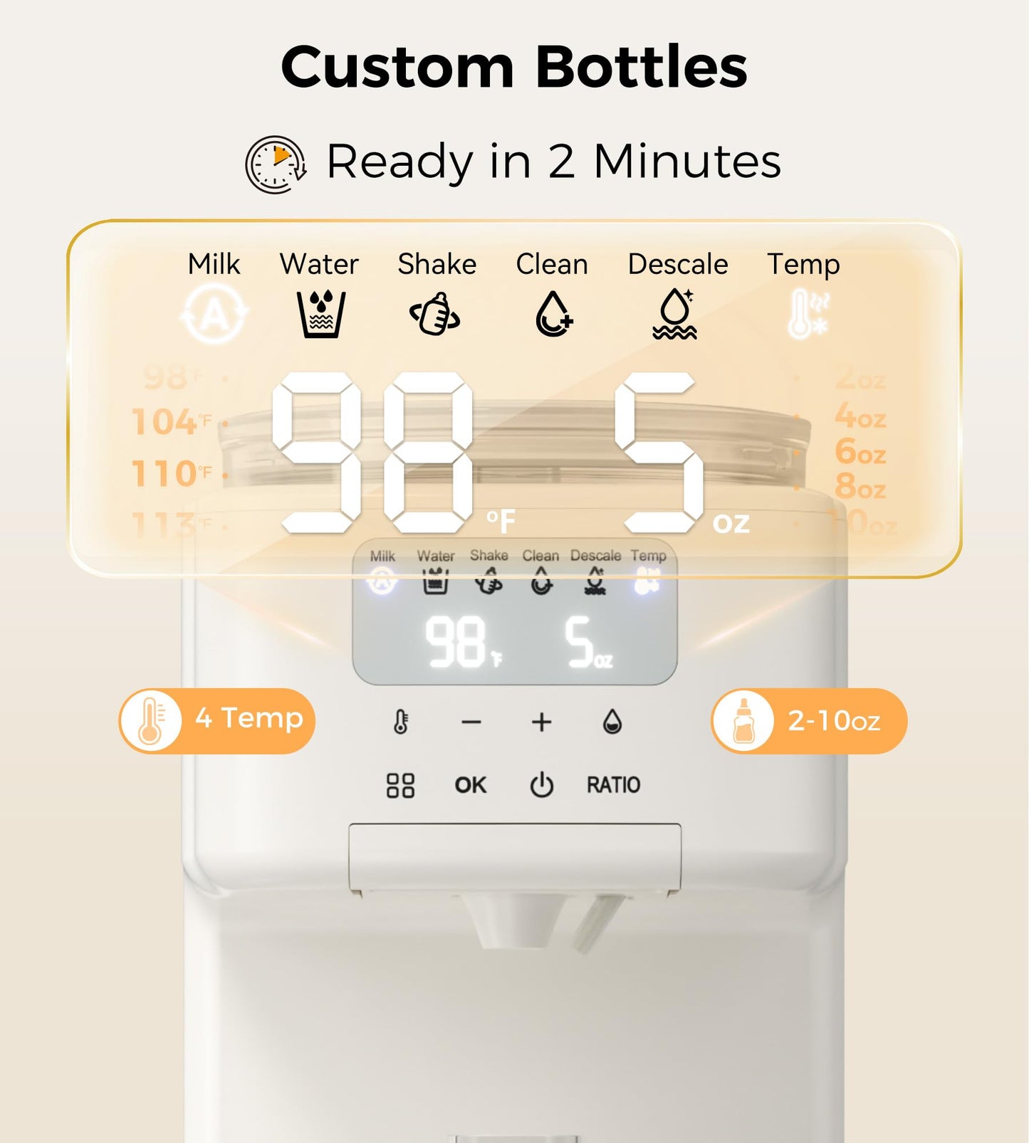 Automatic powder blending system pouring mixed formula milk smoothly into a baby bottle.