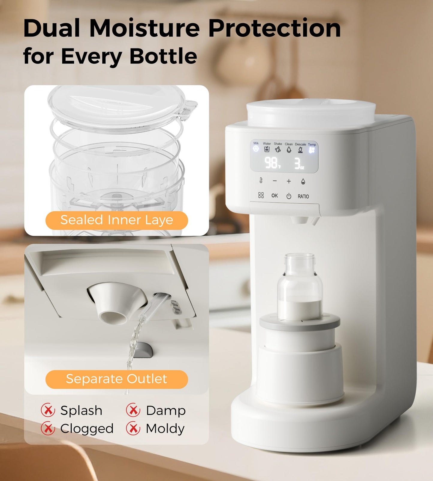 Self cleaning and descaling cycle demonstration of the white baby bottle machine.