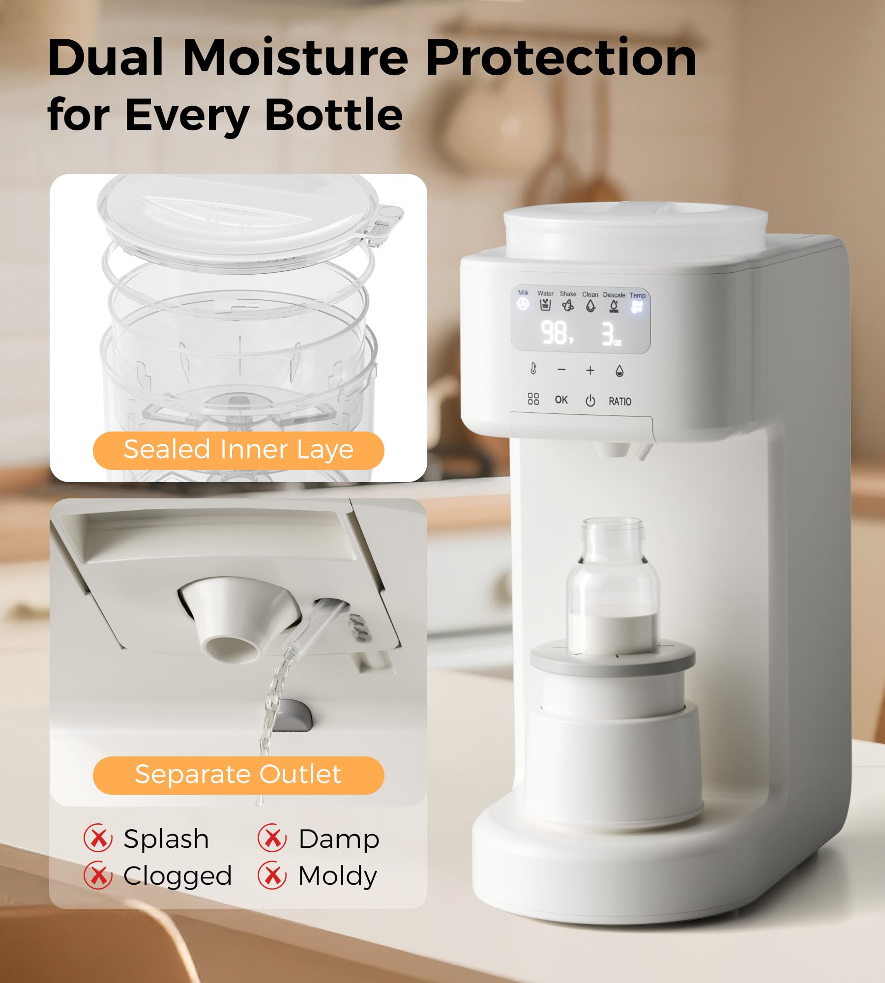 Self cleaning and descaling cycle demonstration of the white baby bottle machine.
