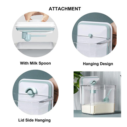 Vione Cozey Daily formula container set on a counter showing the included measuring spoon resting on the built-in lid hanger.