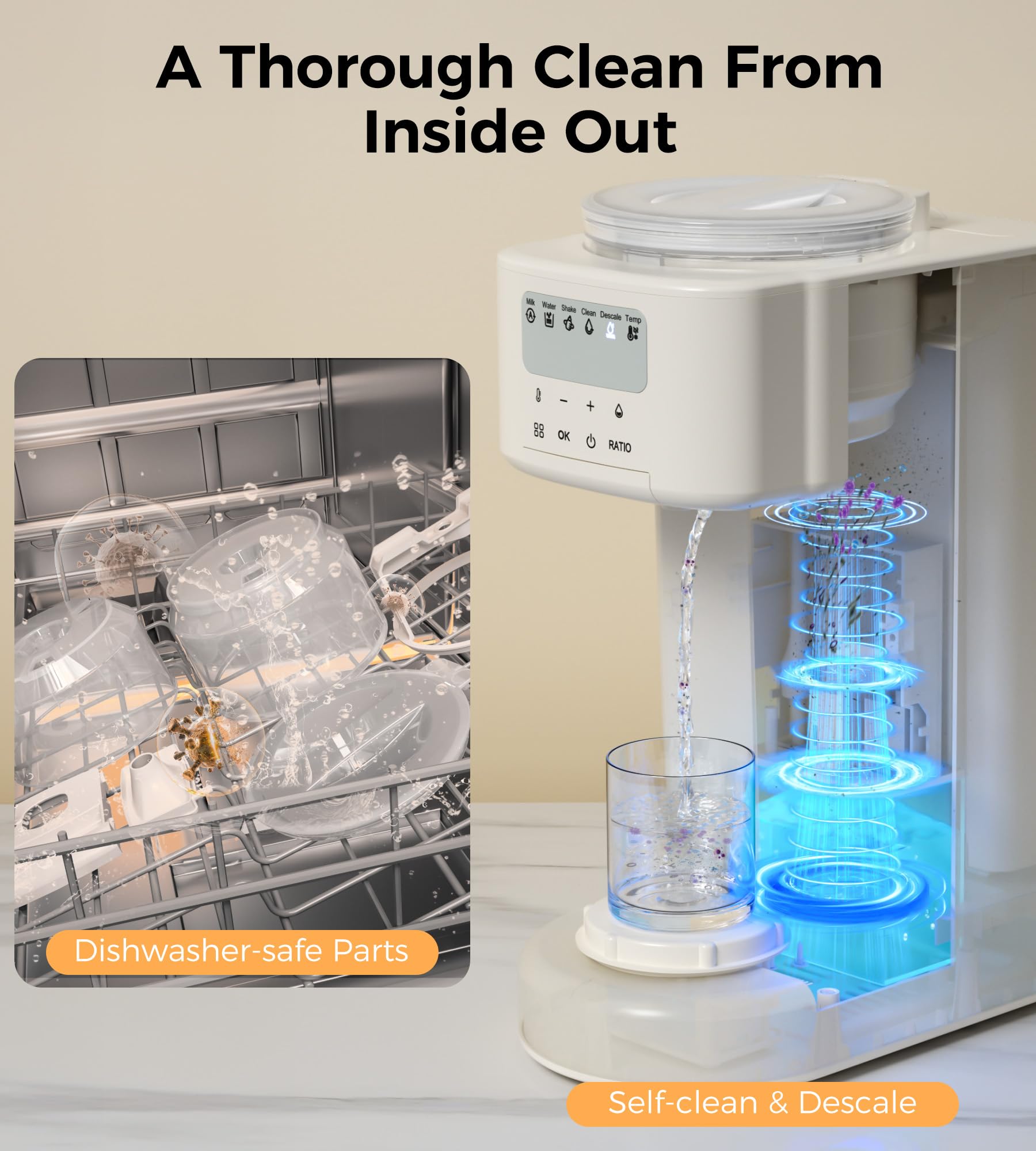 Side view of the premium Axababy formula dispenser with water reservoir attached.