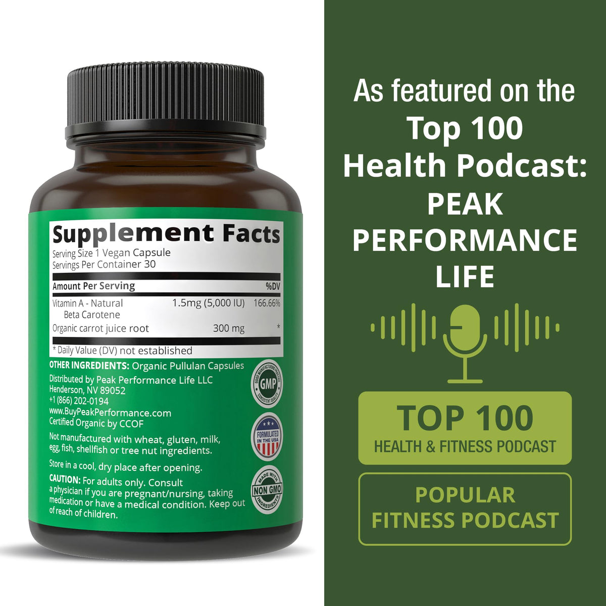 Peak Performance Organic Vitamin A 5000 IU single capsule close-up shot