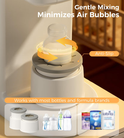 Different sizes of baby bottles fitting perfectly under the adjustable formula dispensing nozzle.
