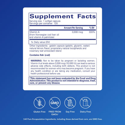 Pure Encapsulations Vitamin A label showing 120 softgels