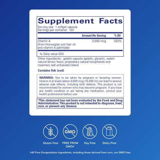 Pure Encapsulations Vitamin A label showing 120 softgels