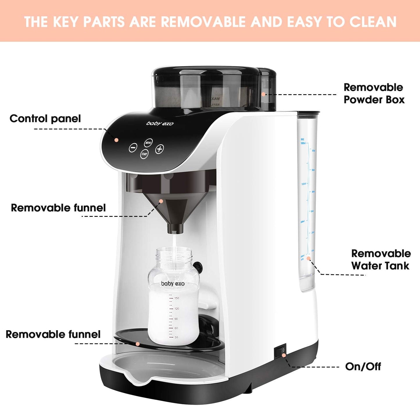 BabyEXO smart milking machine for baby showing water tank and powder container