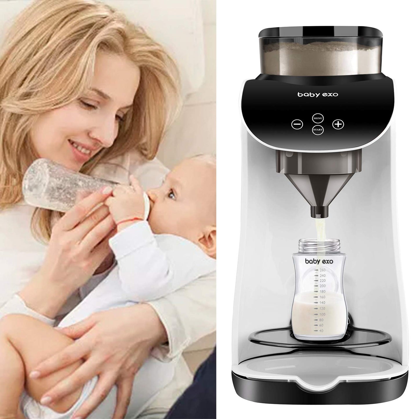 BabyEXO automatic formula dispenser showcasing custom temperature and fluid ounce settings