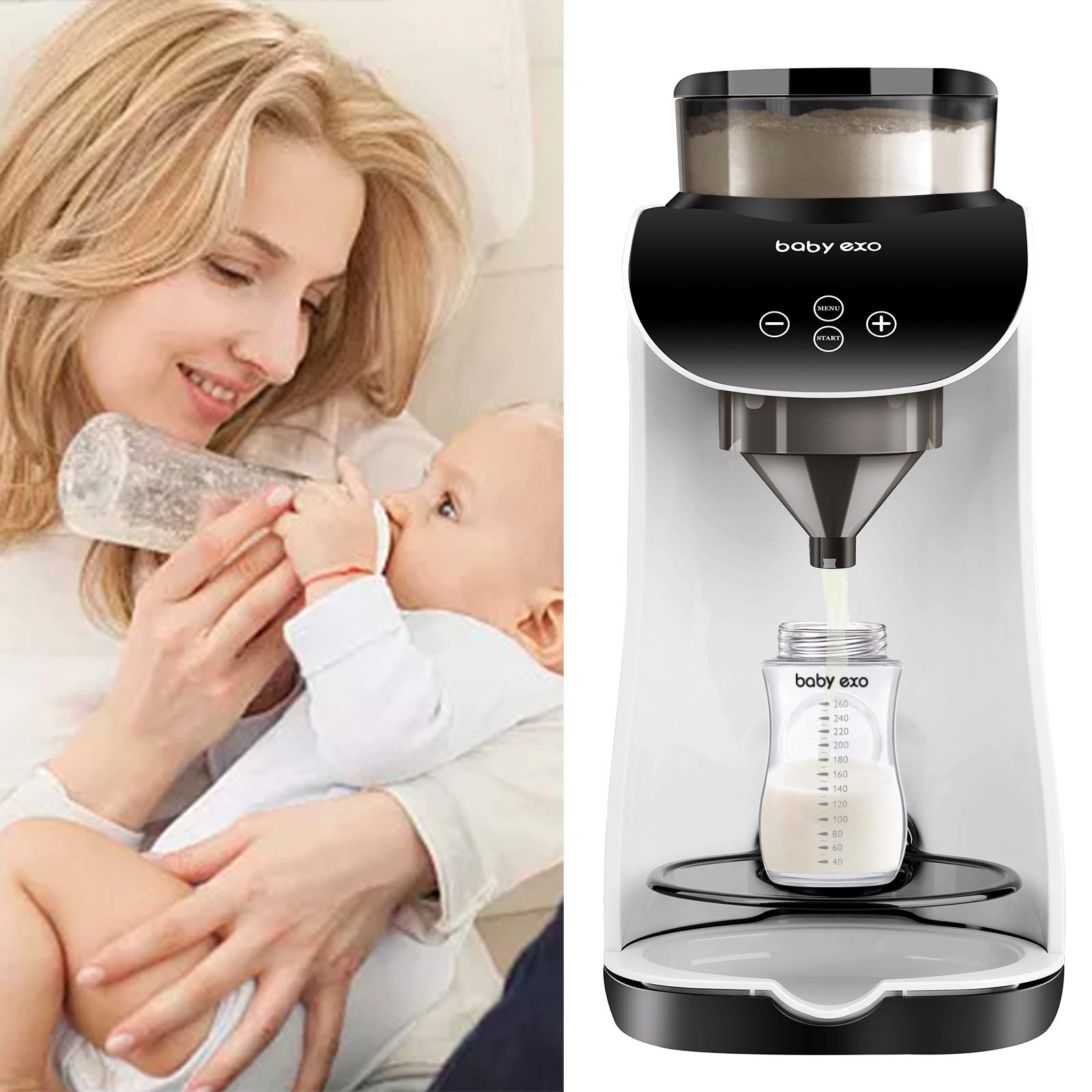 BabyEXO automatic formula dispenser showcasing custom temperature and fluid ounce settings