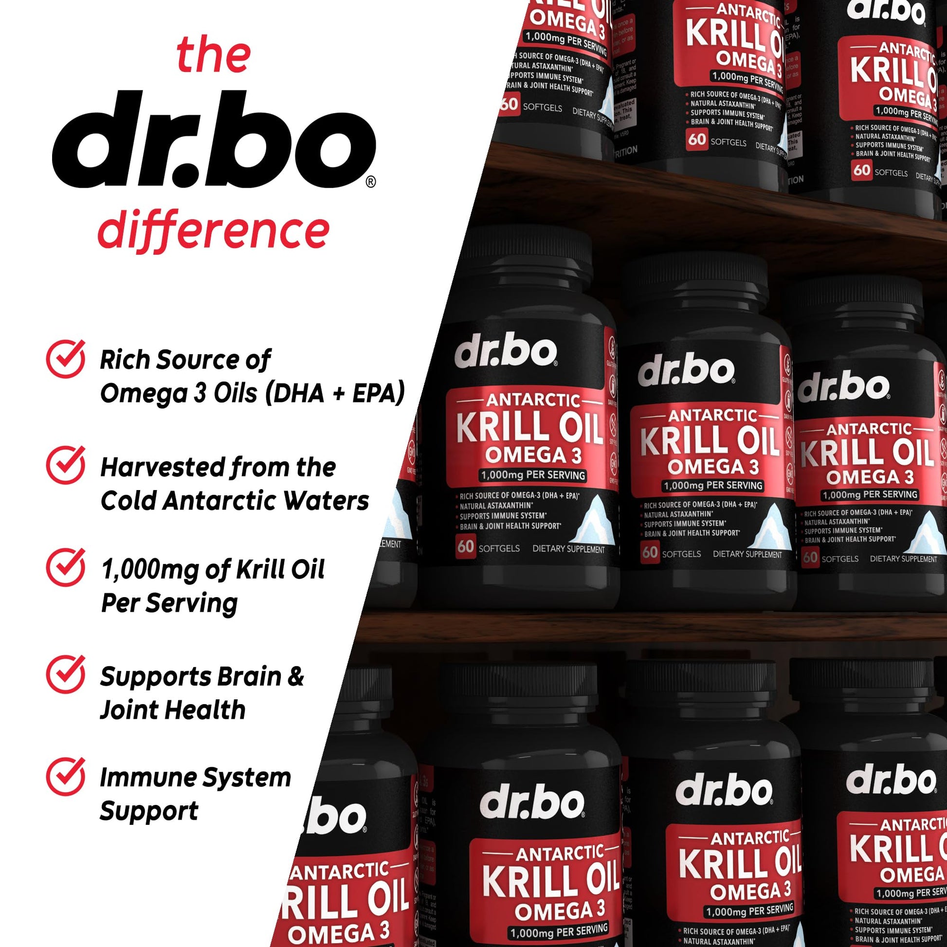 Authentic Dr. Bo marine omega 3 capsules displaying softgel count details