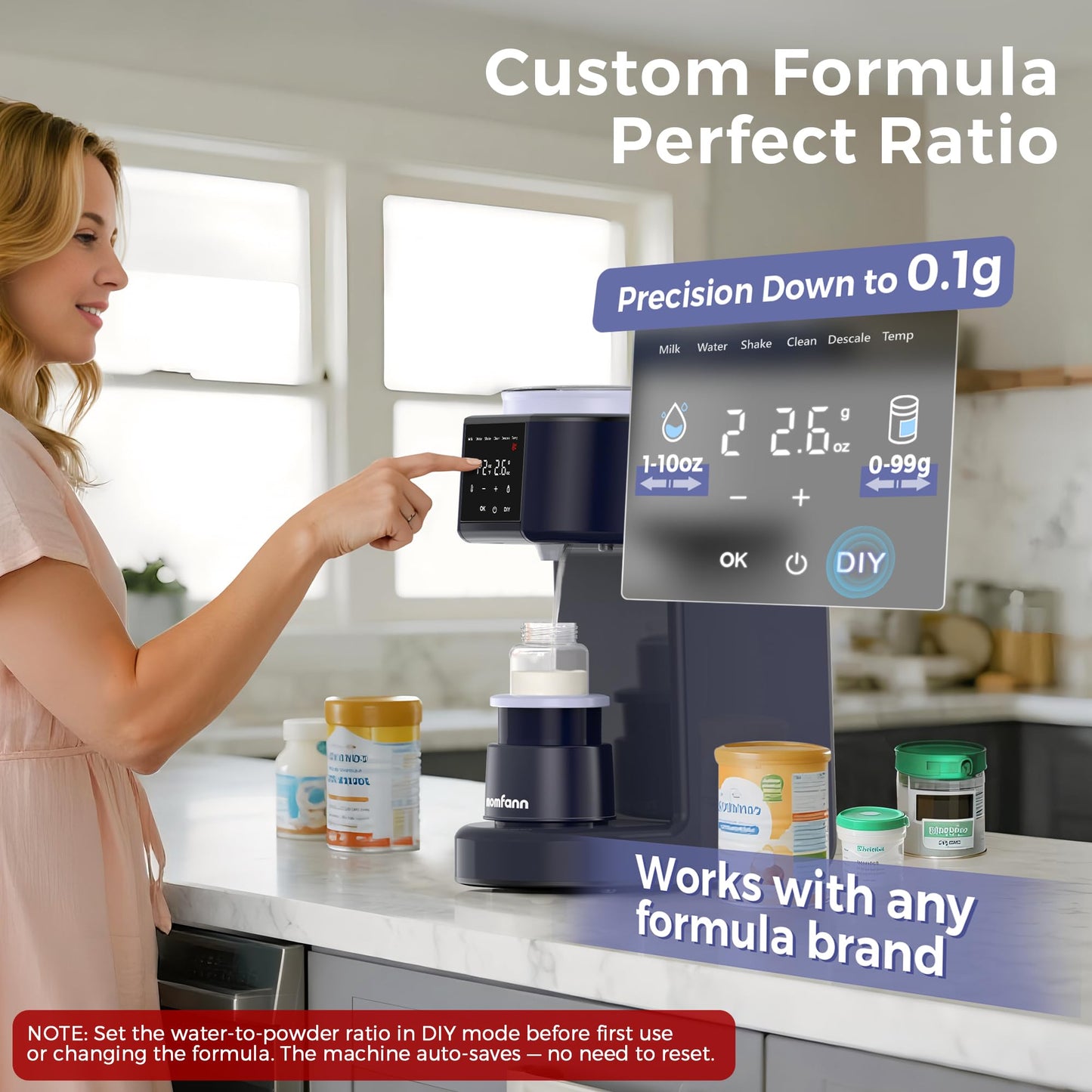 Momfann baby formula preparation appliance mixing a smooth bottle on the auto shaking base