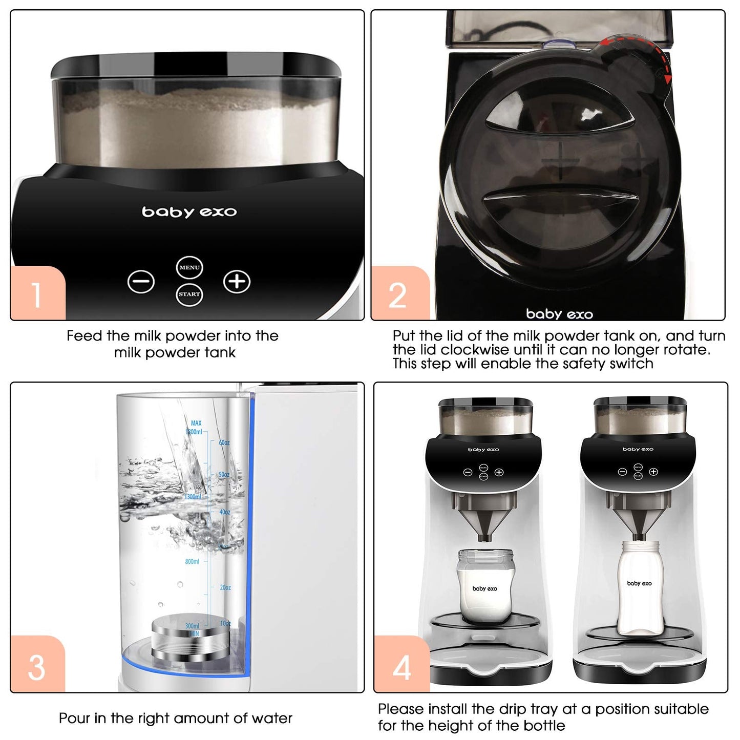 BabyEXO formula powder blender machine with safe bottle detection sensors highlighted