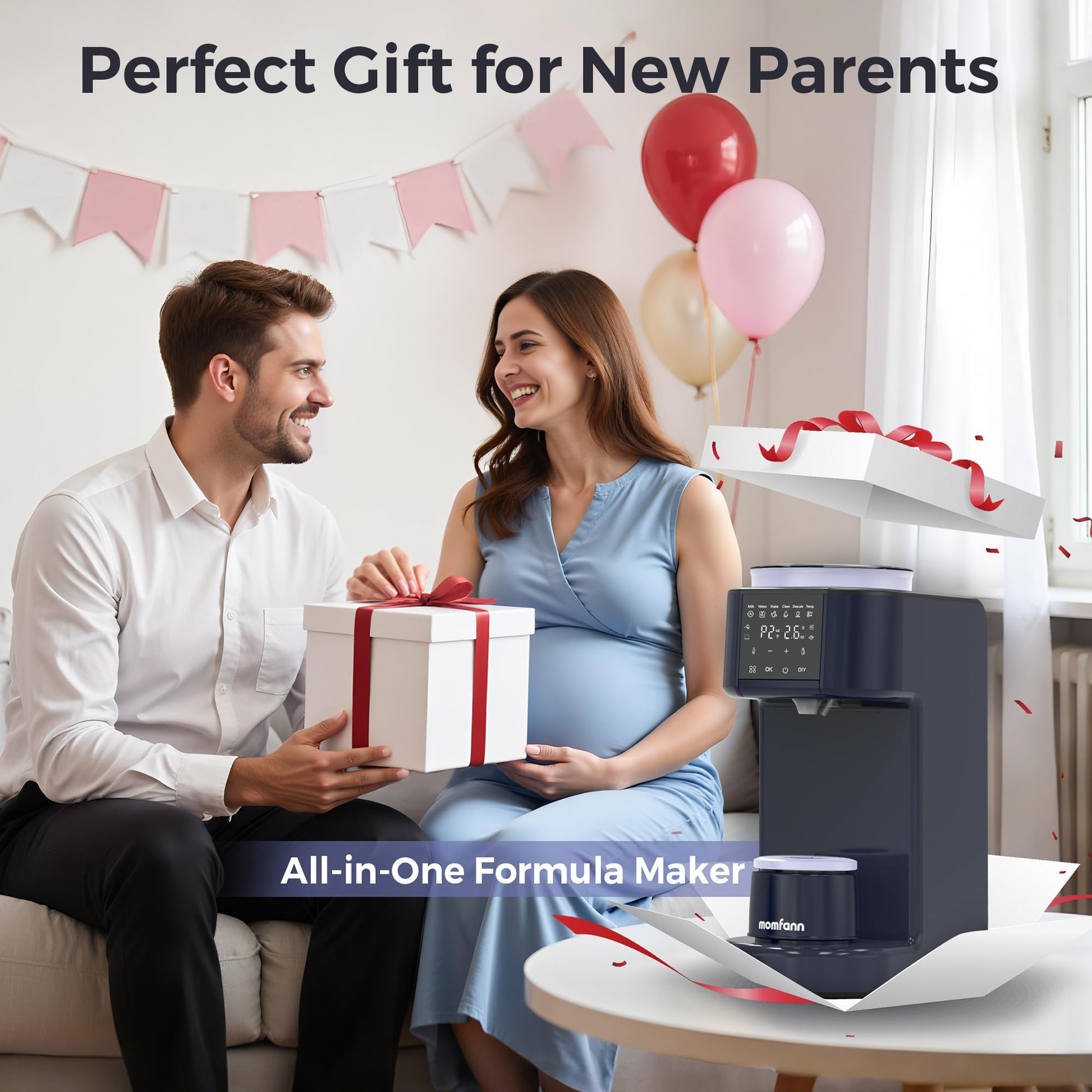 Momfann automatic baby formula mixer displaying the modern black exterior body profile