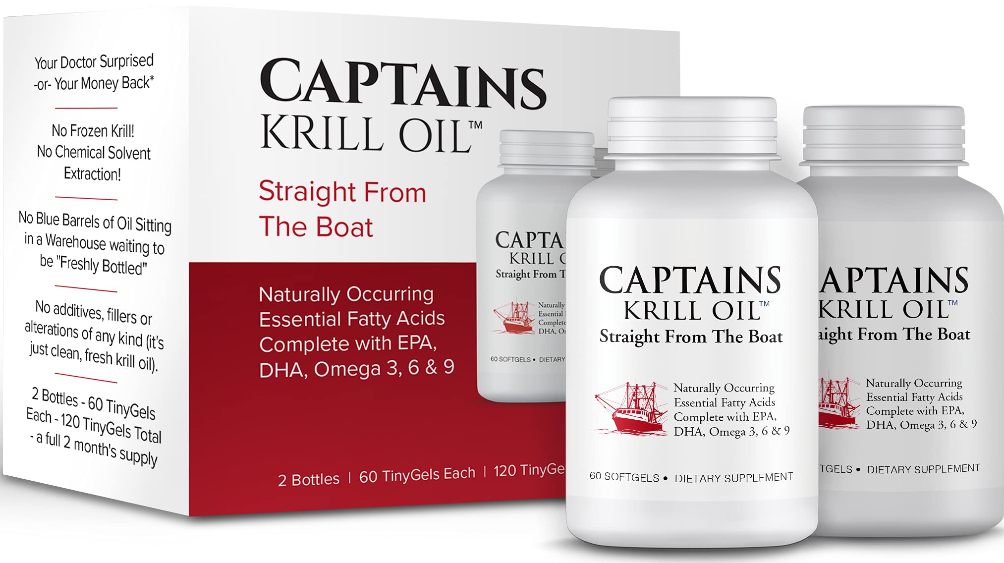 Captains Pure Antarctic Krill Oil 2 pack dietary supplement bottles showing softgel count.