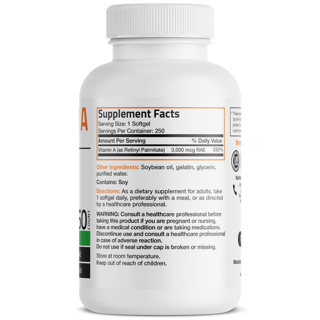 Bronson Premium Non GMO Vitamin A Softgels Bottle Back Label With Ingredients