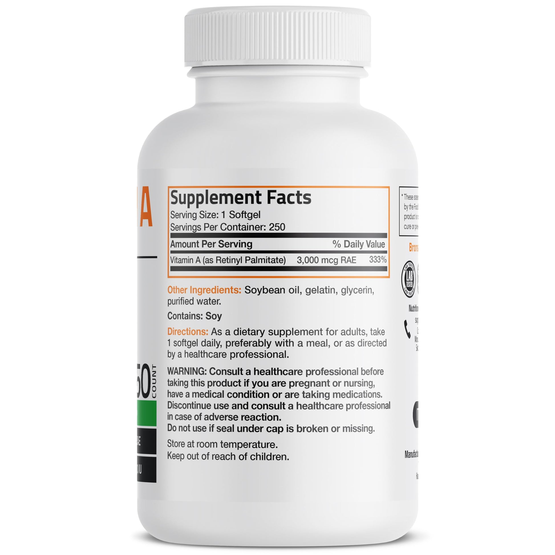 Bronson Premium Non GMO Vitamin A Softgels Bottle Back Label With Ingredients