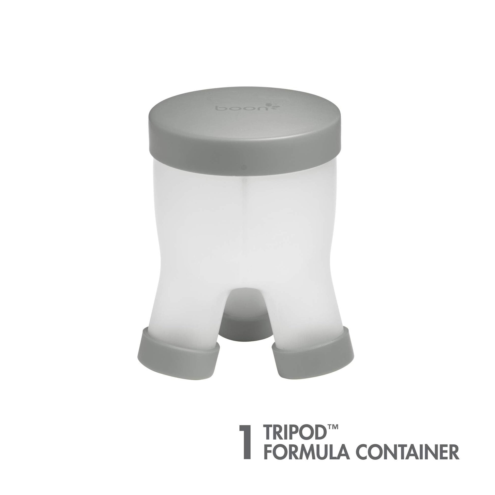 Boon gray baby formula dispenser with secure screw-on caps detached.