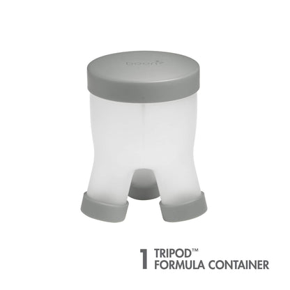 Boon gray baby formula dispenser with secure screw-on caps detached.