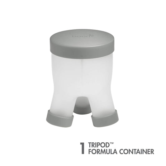 Boon gray baby formula dispenser with secure screw-on caps detached.