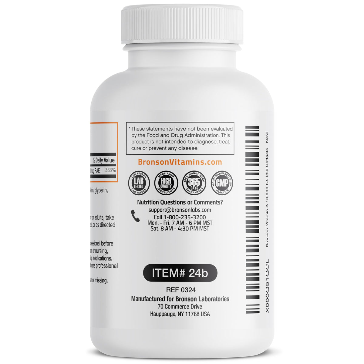 Bronson Laboratory Tested Non GMO Vitamin A 250 Count Bottle View
