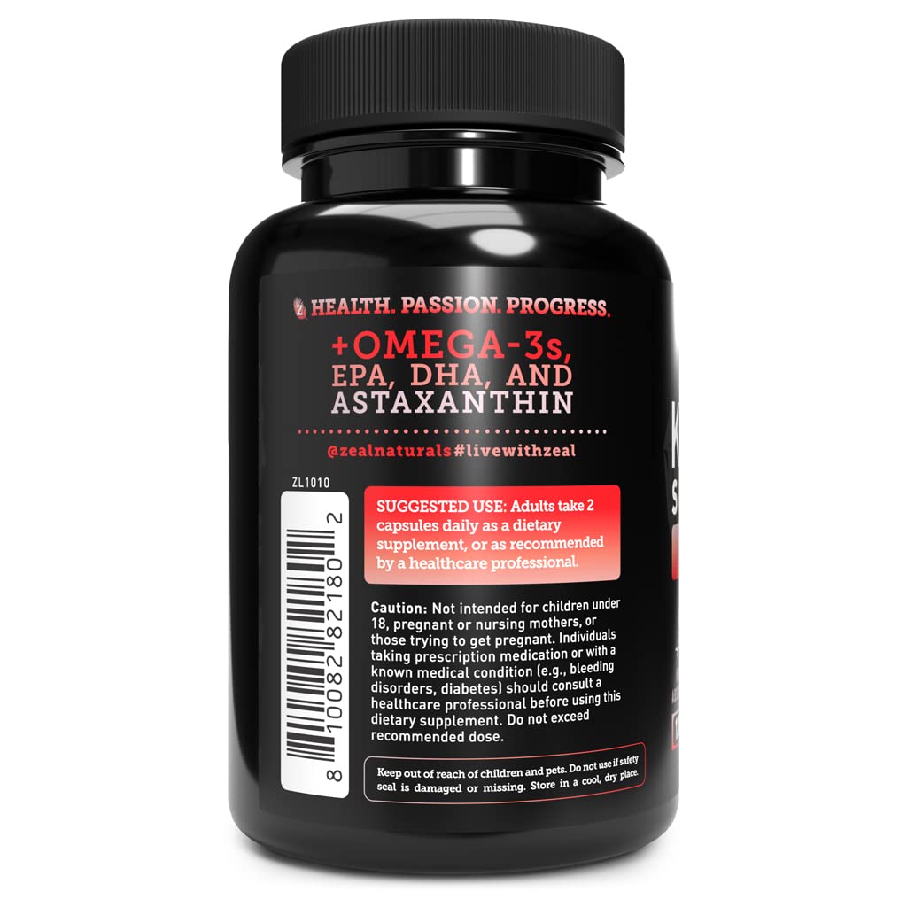 Premium imported Antarctic krill oil softgels with astaxanthin nutrition facts panel.