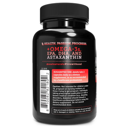 Premium imported Antarctic krill oil softgels with astaxanthin nutrition facts panel.