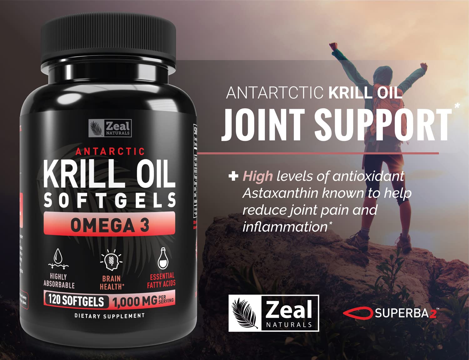 Zeal Naturals Antarctic Krill Oil capsule size and deep red antioxidant color details.