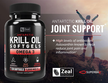 Zeal Naturals Antarctic Krill Oil capsule size and deep red antioxidant color details.