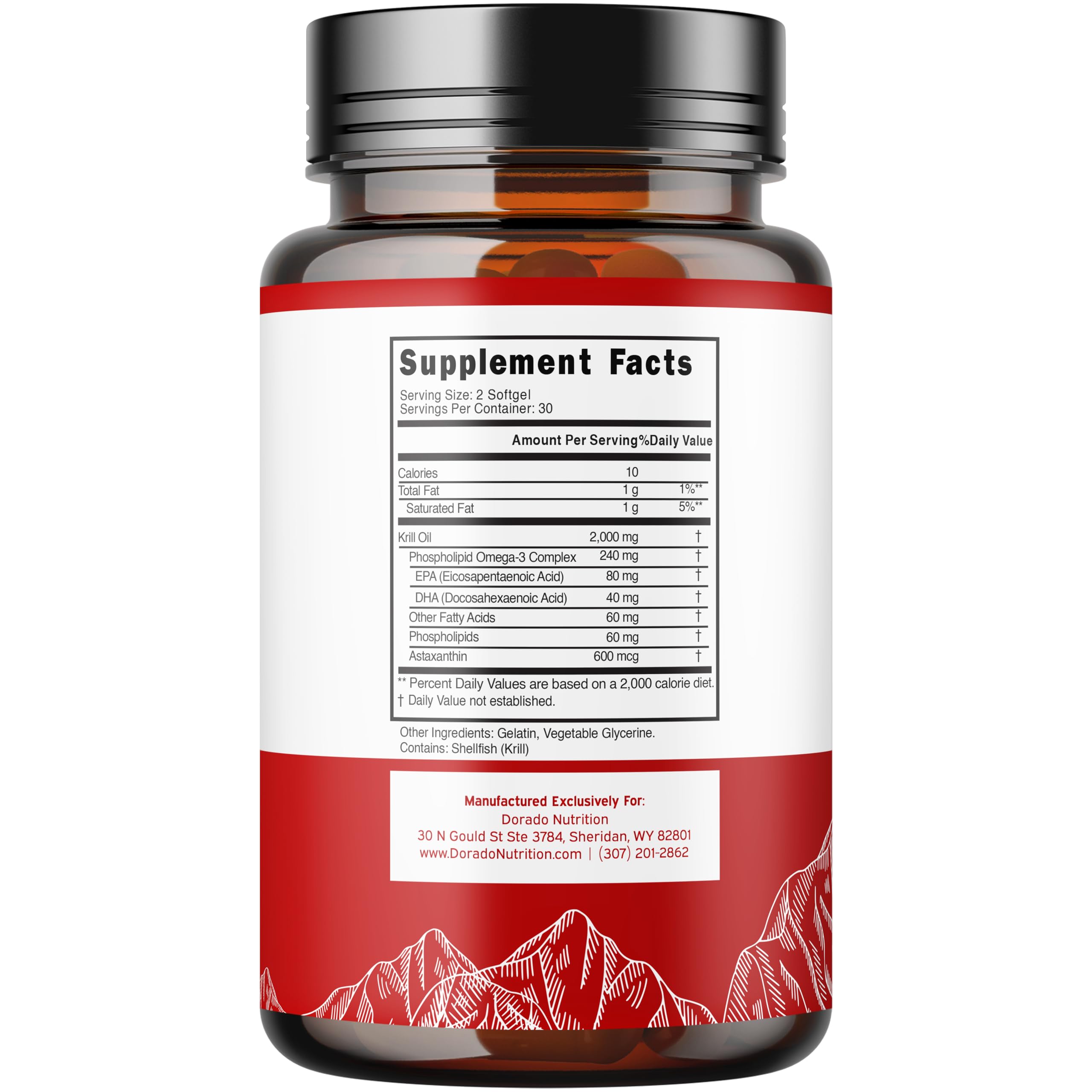 Dorado Nutrition Antarctic Krill Oil supplement facts and nutritional information label.