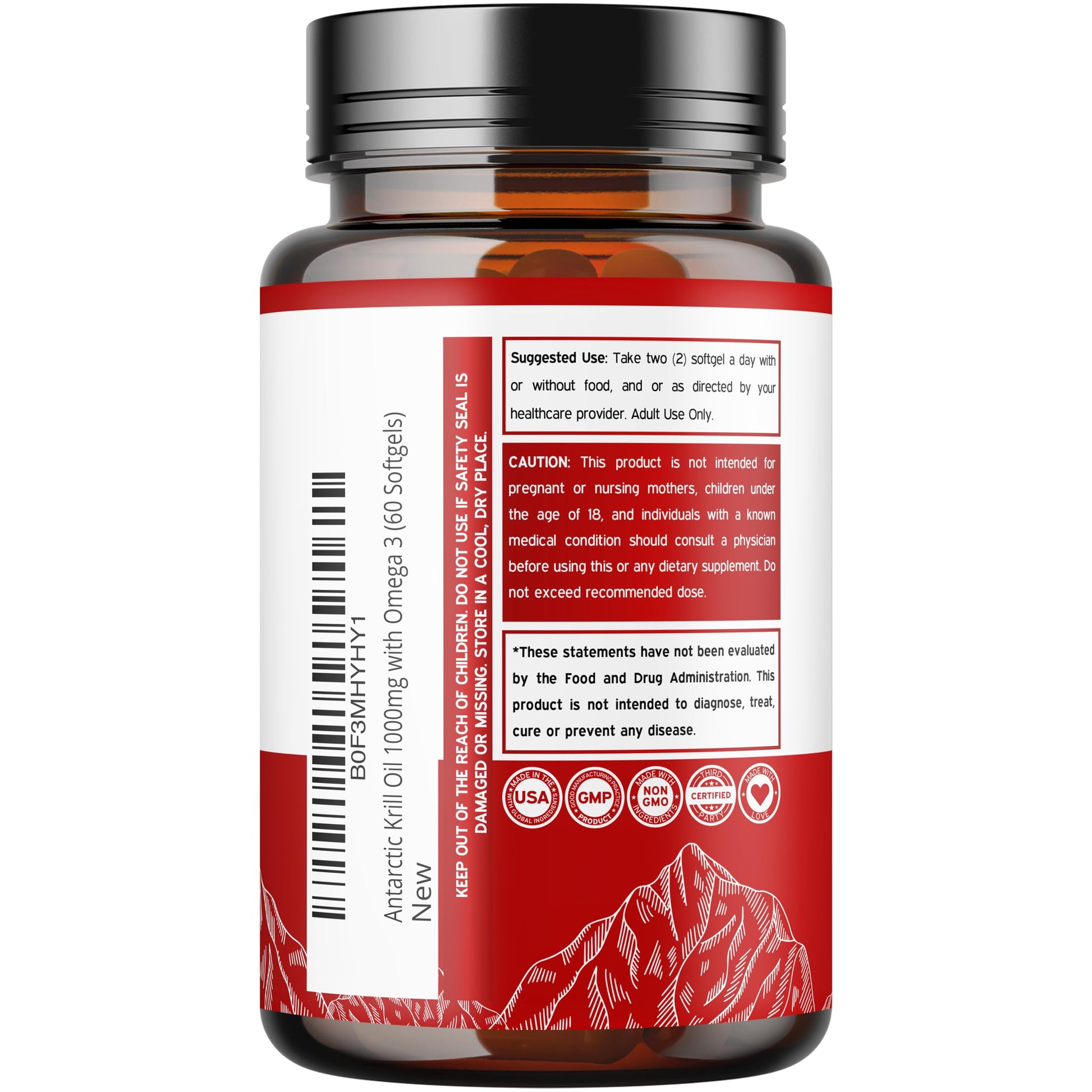 Premium Antarctic krill oil softgels showcasing the natural red astaxanthin antioxidant color.