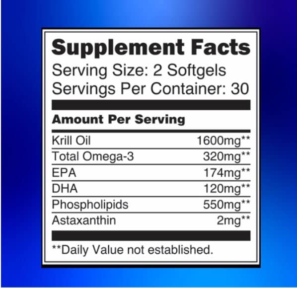 Blossom Nature Krill Oil 60 softgels packaging detailing the 2 Mg astaxanthin and phospholipid content.