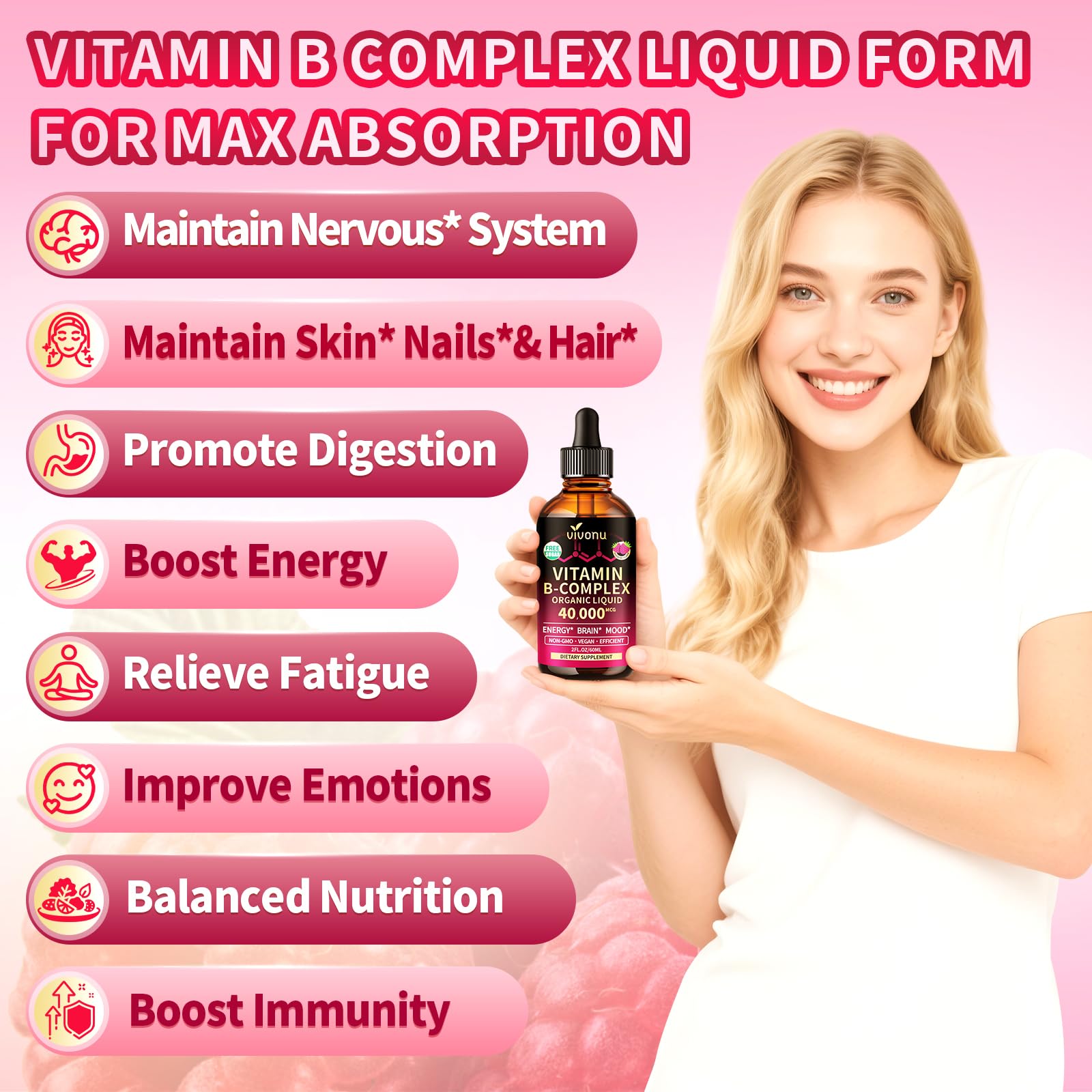 VivoNu Liquid Vitamin B12 supplement dropper closeup showing raspberry liquid