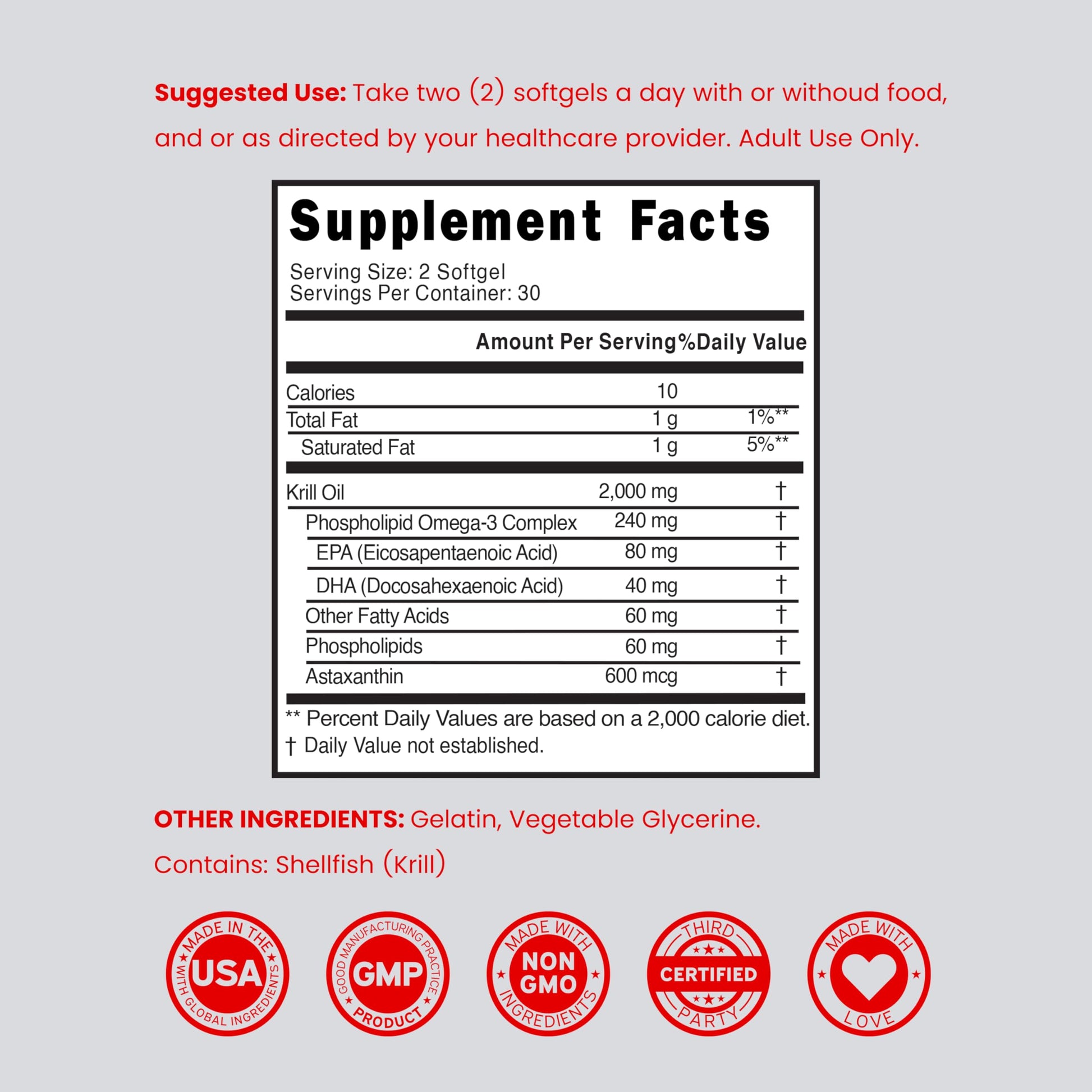 Close-up of non-GMO and gluten-free certifications on Dorado Nutrition Krill Oil bottle.