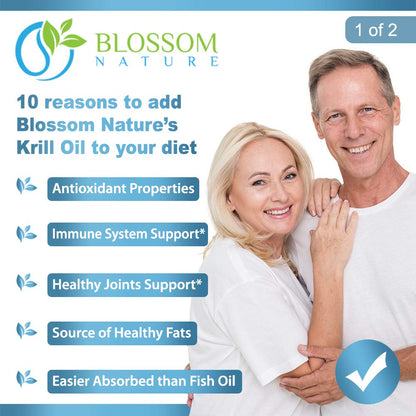 Supplement facts panel on the back of Blossom Nature Krill Oil 1600 Mg container showing EPA and DHA values.