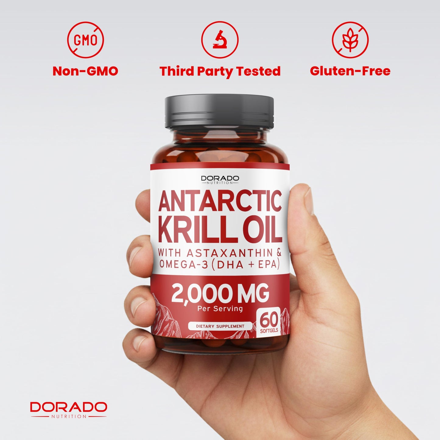 Dorado Nutrition Antarctic Krill Oil premium phospholipid formula bottle side view.