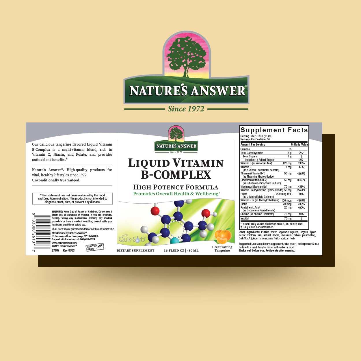 Nature's Answer Liquid Vitamin B-Complex tangerine flavor supplement label showing supplement facts and high potency ingredients