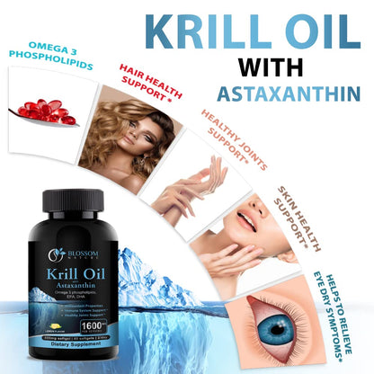 Blossom Nature Antarctic Krill Oil dietary supplement demonstrating authentic USA manufacturing details.