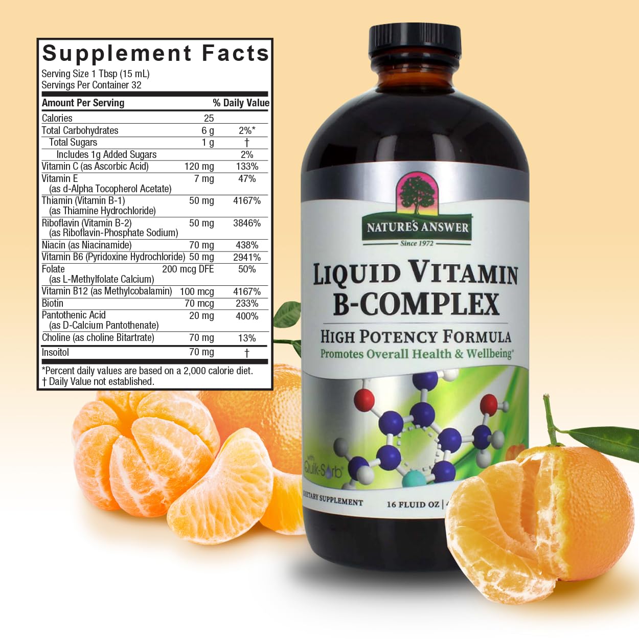 Nature's Answer Liquid Vitamin B-Complex amber glass packaging displaying authentic USA imported product seals