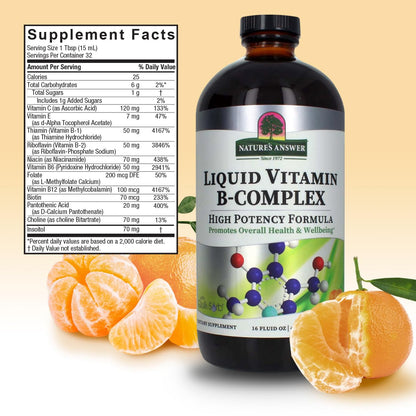 Nature's Answer Liquid Vitamin B-Complex amber glass packaging displaying authentic USA imported product seals