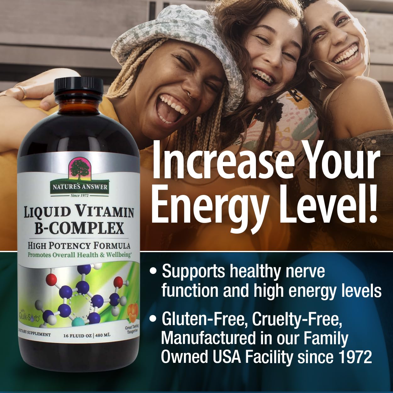 Nature's Answer Liquid Vitamin B-Complex dosage measurement side view showing liquid texture and consistency