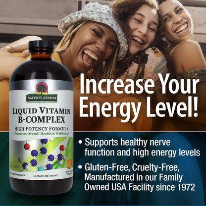 Nature's Answer Liquid Vitamin B-Complex dosage measurement side view showing liquid texture and consistency