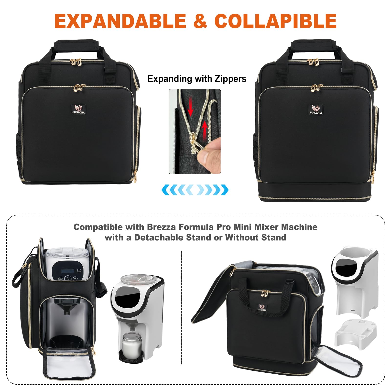 Black formula dispenser storage bag showing expandable bottom design