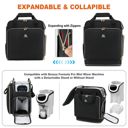 Black formula dispenser storage bag showing expandable bottom design