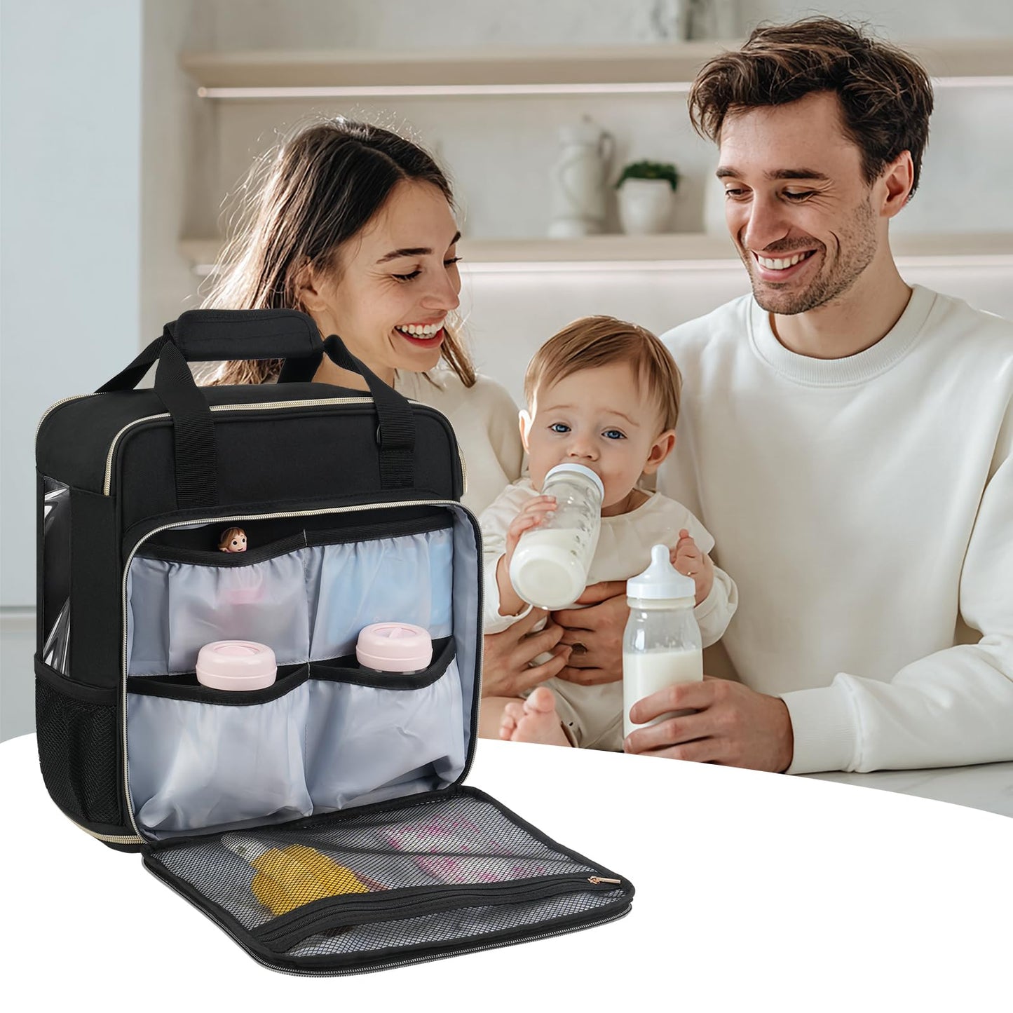 Water resistant baby mixer machine bag showing external power cord port