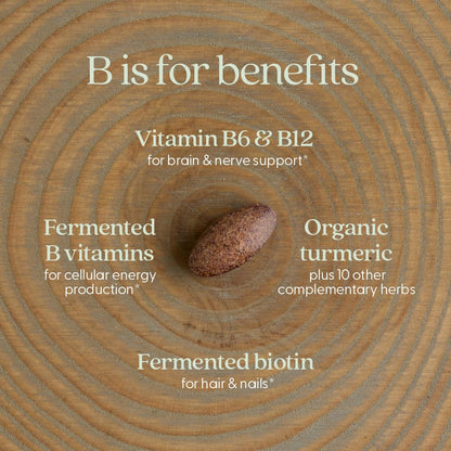 Vegetarian tablets of New Chapter coenzyme B complex outside the amber glass bottle