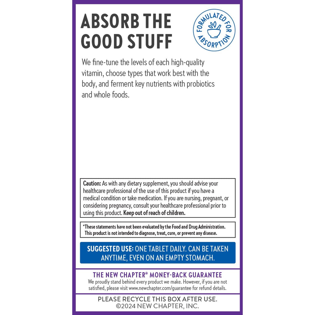 Close up of the daily dosage instructions on New Chapter 90 vegetarian tablets bottle