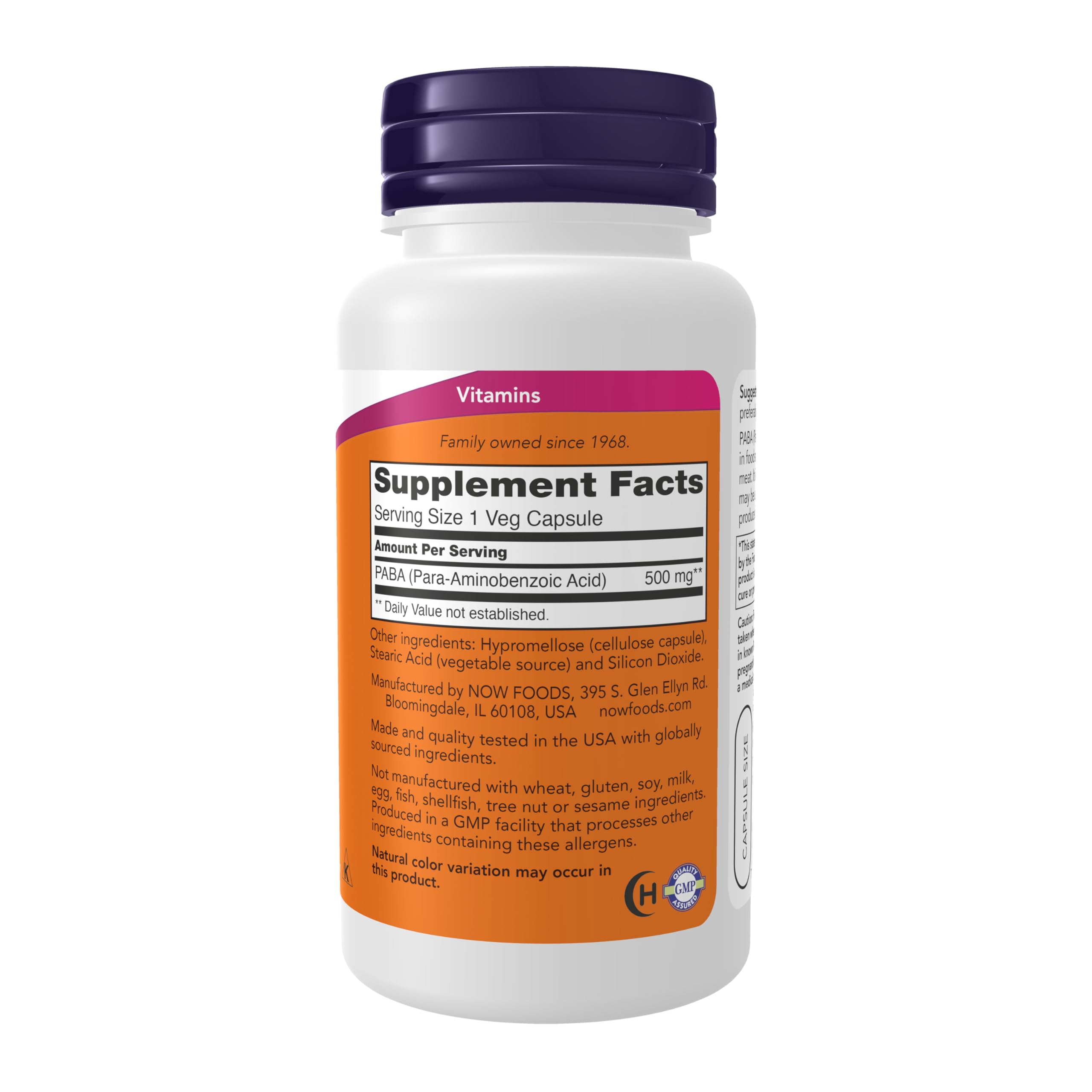 NOW Supplements Para Aminobenzoic Acid 500 mg dietary supplement bottle showing ingredient facts label