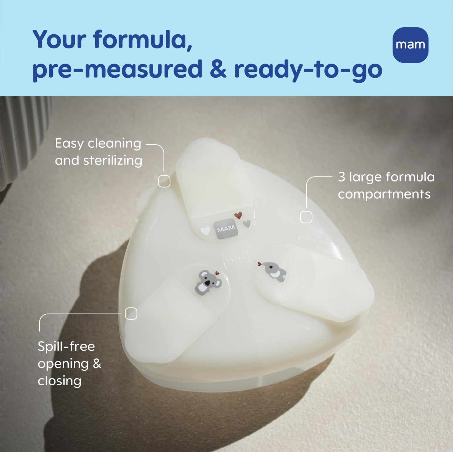 MAM milk powder container with snap on lid showing three separate compartments for easy feeding.